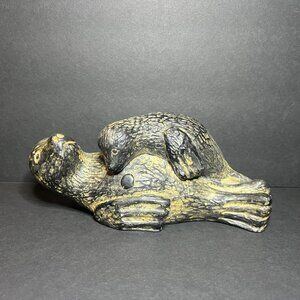 Vintage Rare Wolf Orginal Soapstone Mother Seal & Baby Pup Sculpture Figure